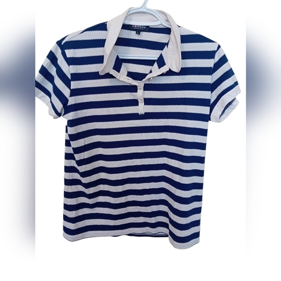 Vintage Y2K Morgan De Toi‎  Scallop Print Navy/White Stripes Polo Shirt Womens S - Picture 1 of 9